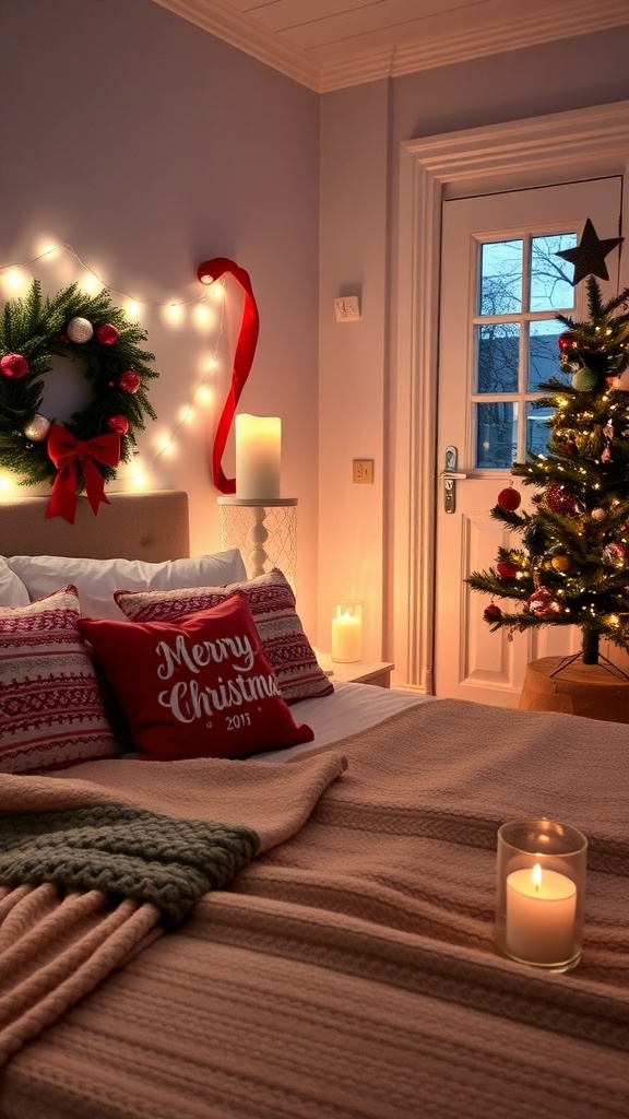 A cozy Christmas bedroom with festive decor, including a decorated bed, fairy lights, a small tree, and candles.
